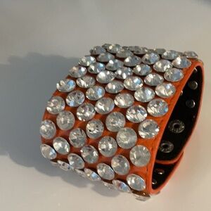 Orange Crystal-Embellished Wide Cuff Bracelet, 2’ wide, new, Real Leather,
